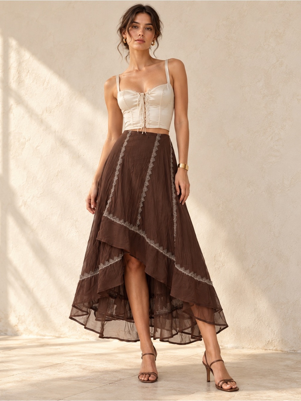 Vintage Y2K Chocolate brown asymmetrical high low midi skirt sz S
